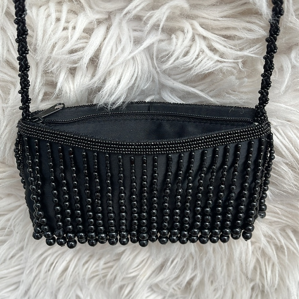 LA REGALE  Vintage Satin Pouch w/ Droplet Beaded Evening Crossbody Purse, Black - Picture 9 of 15